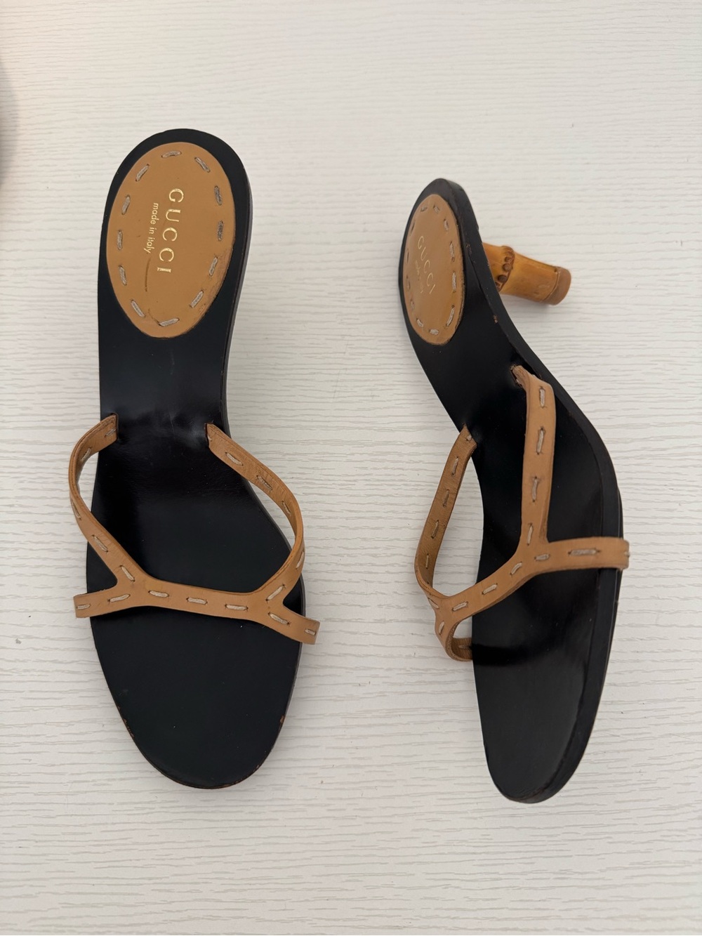 Vintage Gucci Tom Ford SS 2002 Bamboo Heel Black Leather Slip On Mules Sandals 6